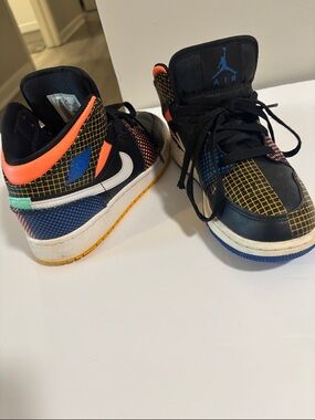 Jordan Kids Black High-Top Sneakers with Yellow, Blue & Orange Grid